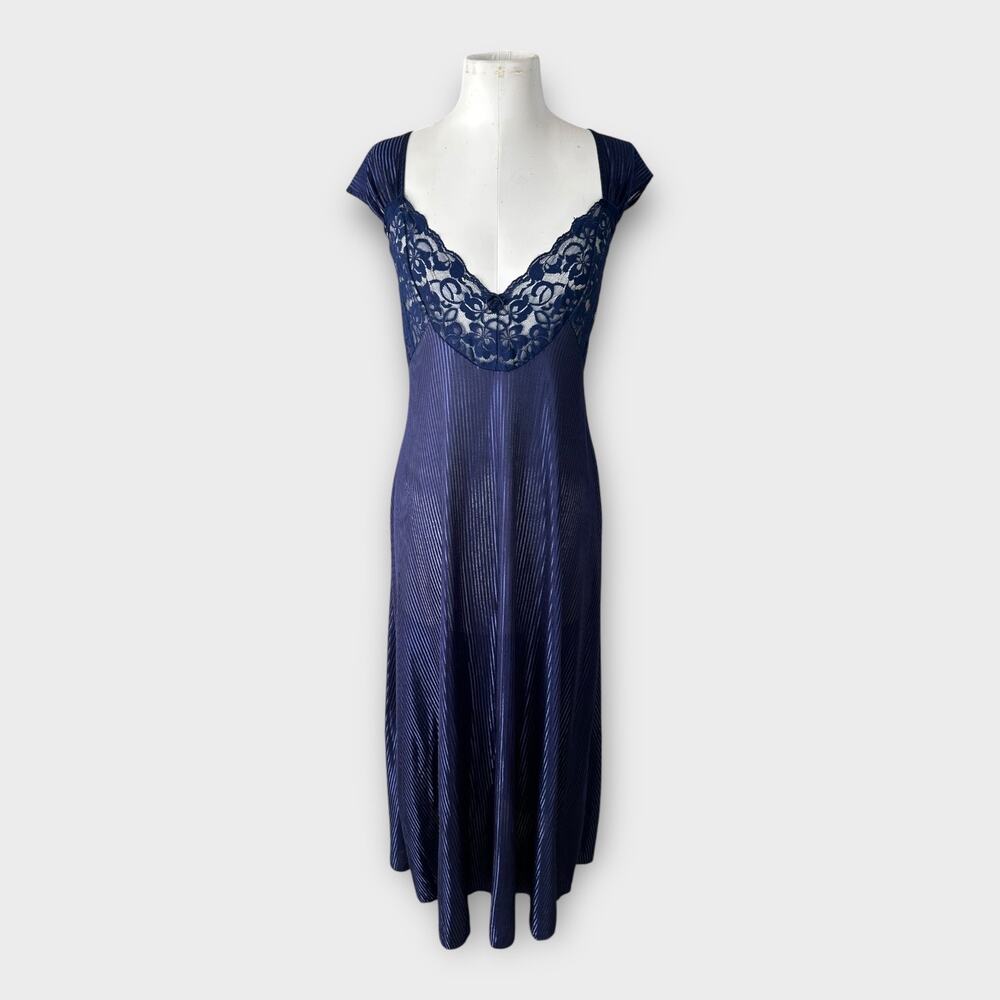 Vintage Petra Fashions Maxi Nightgown with Lace Panel Women's sz Large Navy Blue